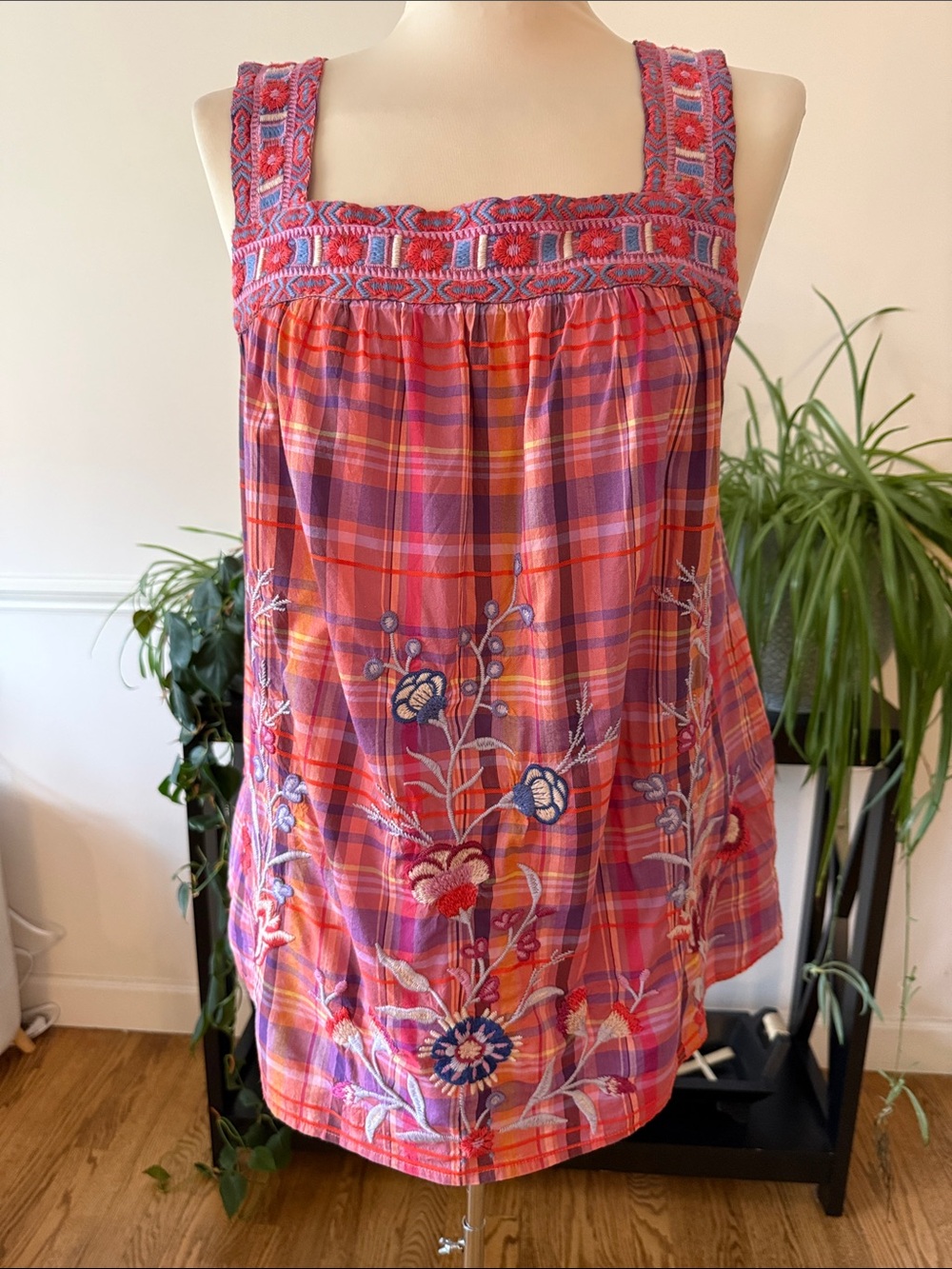 Johnny Was Piper Square Neck Embroidered Plaid Sleeveless Tank